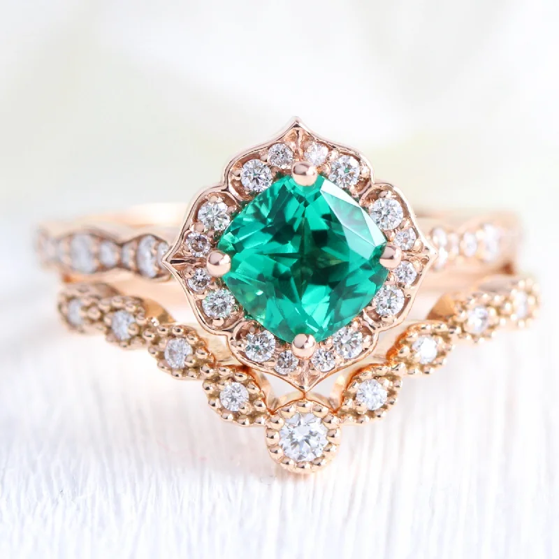 Seasonal Jewelry Sale – Upgrade Your Collection Mini Vintage Floral Ring Bridal Set w/ Cushion Emerald and Curved Diamond Band