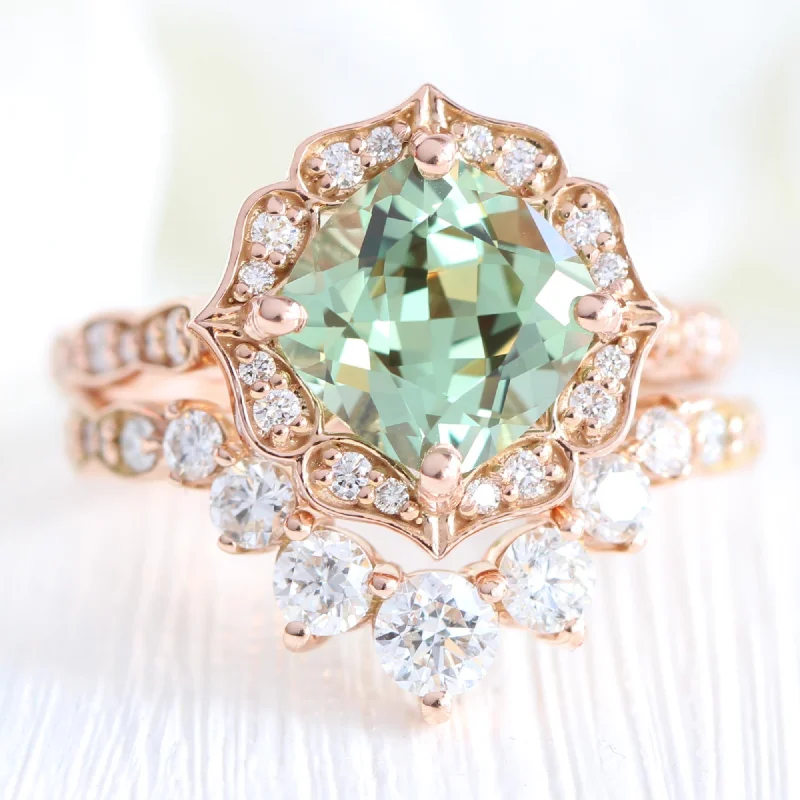 Unlock Unbeatable Jewelry Deals Before They’Re Gone Large Vintage Floral Cushion Ring Set w/ Green Sapphire and Large 7 Diamond Scalloped Band