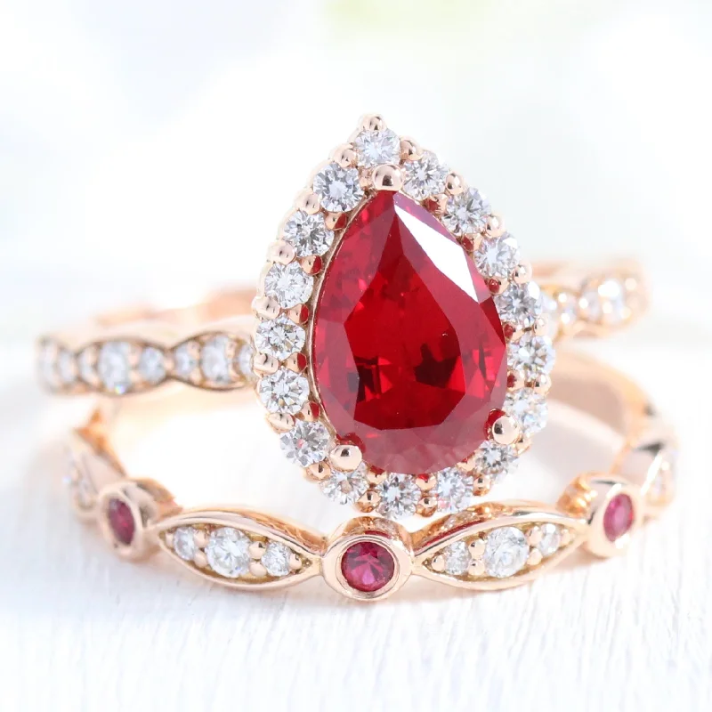 Luxury Meets Affordability – Jewelry Sale Live Now Luna Halo Pear Ring Bridal Set w/ Ruby and Diamond Bezel Wedding Band