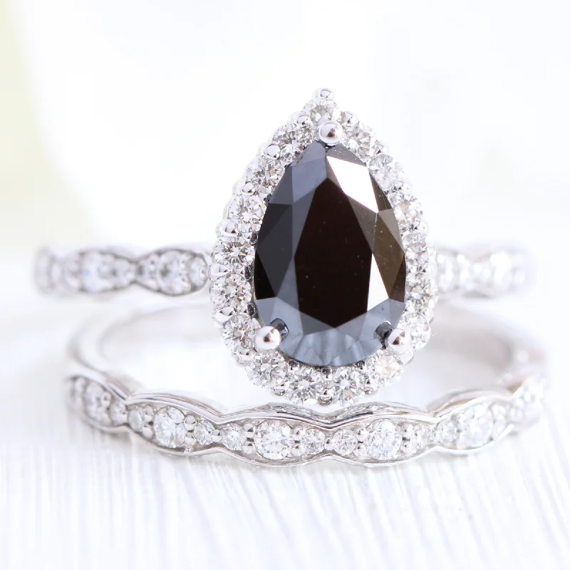 High-End Jewelry, Now More Affordable Than Ever Luna Halo Black Diamond Pear Ring Set w/ Matching Scalloped Diamond Wedding Band