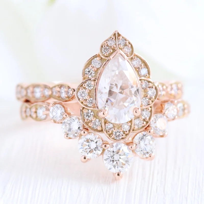 Make Your Outfit Shine With Discounted Jewelry Vintage Floral Pear Ring Bridal Set w/ Moissanite and Large 7 Diamond Scalloped Band