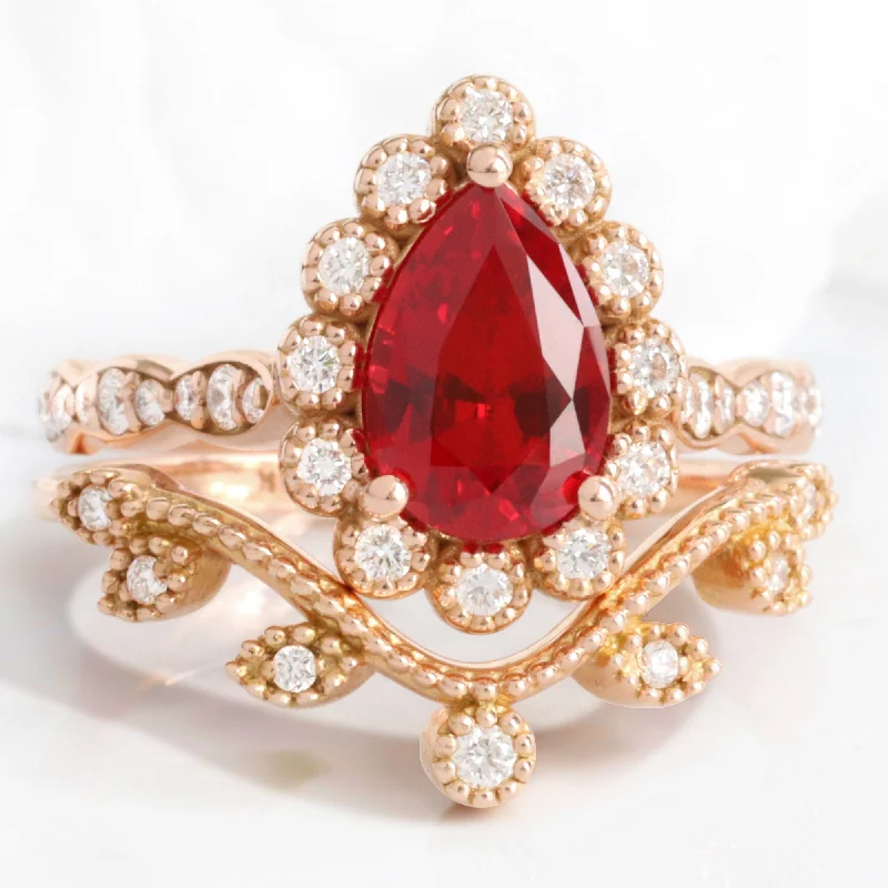 Upgrade Your Collection With Our Limited-Time Jewelry Sale Pear Ruby Diamond Ring Bridal Set w/ Leaf Wedding Band in Vintage Luna Halo