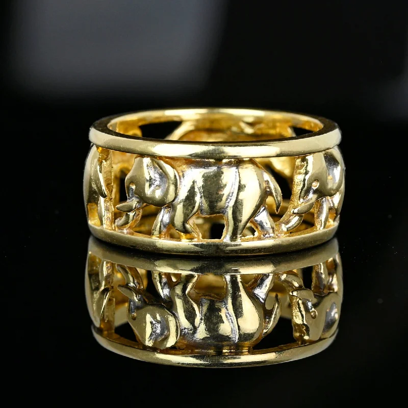 Vintage Wide 14K Gold Cutout Elephant Ring Band