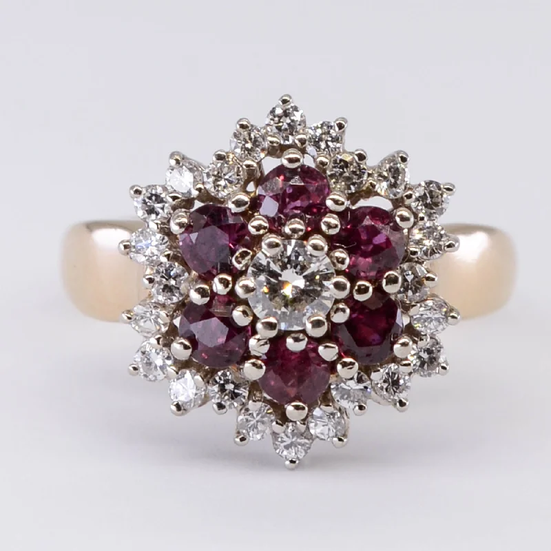 Classic And Modern Jewelry Styles On Sale Floral Halo Ruby and Diamond Ring | 0.60 ctw, 0.45ctw | SZ 6.75 |