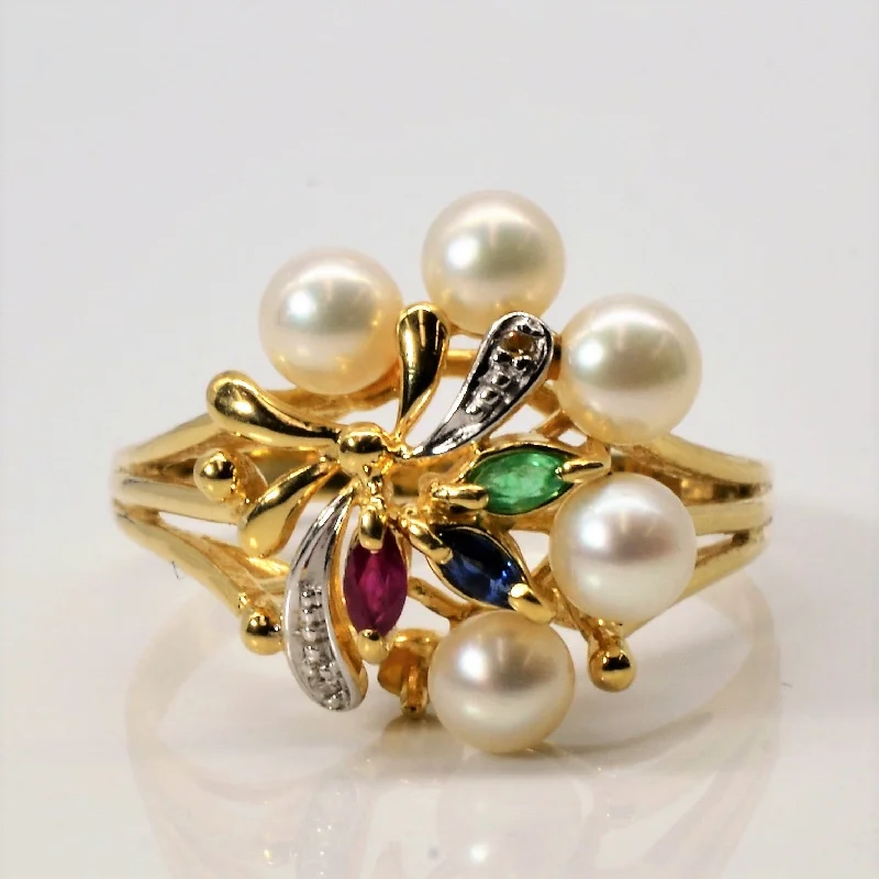 Elegant Designs, Unbeatable Discounts – Shop Jewelry Now Prong Set Pearls & Multi-Gemstone Ring | SZ 9.75 |