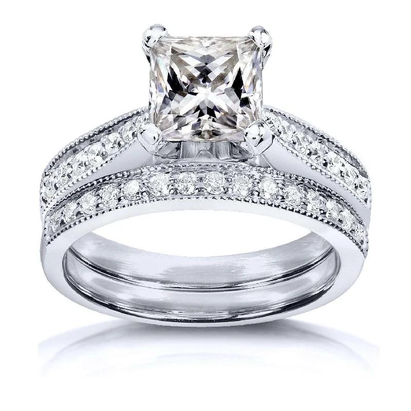 Exclusive Jewelry Sale – Limited-Time Discounts Princess Moissanite and Diamond Vintage Bridal Set 2 1/8 CTW 14k White Gold