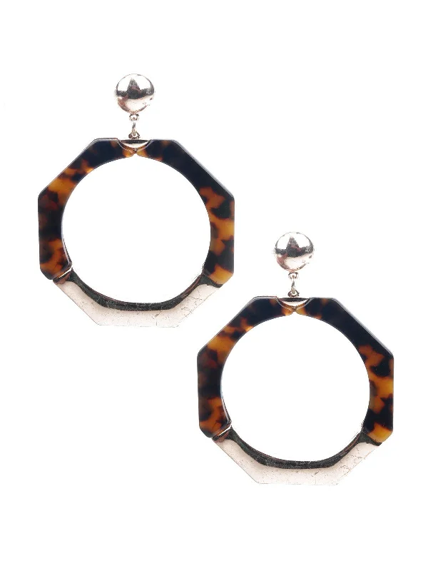 Odette Women Brown And Gold Hexagonal Dangle Earrings