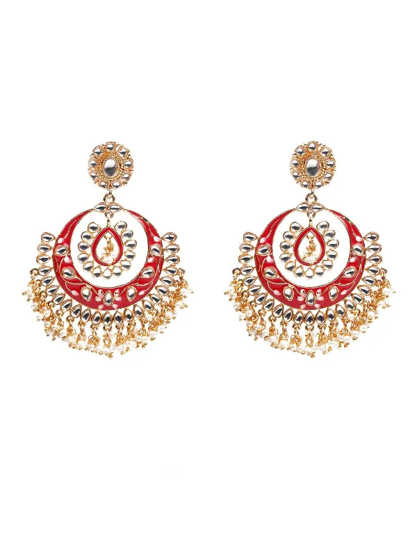 Odette Women Kundan Studded Meenakari Chandbali Earrings