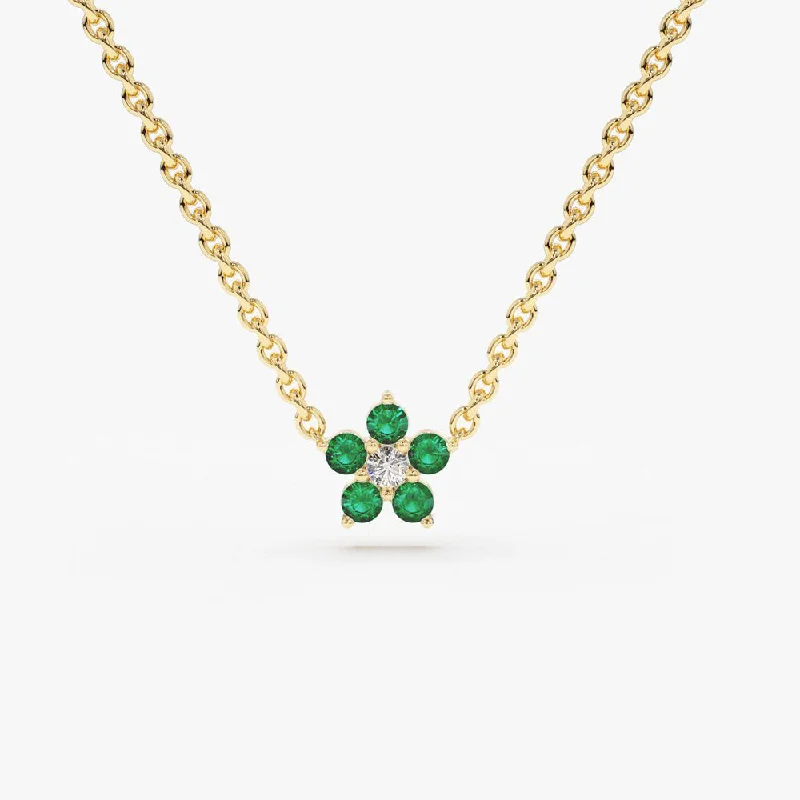 Personalized Jewelry At Special Discount Rates 14K Emerald and Diamond Flower Charm Necklace