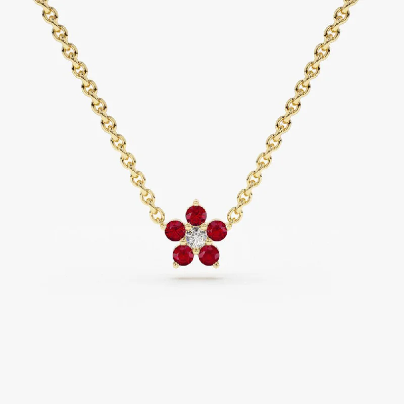 Modern Jewelry At Exclusive Discounts – Shop Today 14K Ruby and Diamond Flower Charm Necklace