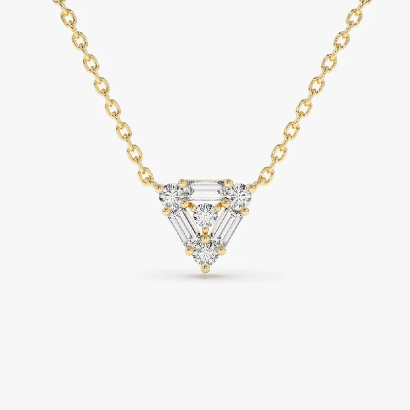 Trending Jewelry Now Available At Exclusive Prices 14k Triangle Shaped Round and Baguette Diamond Necklace