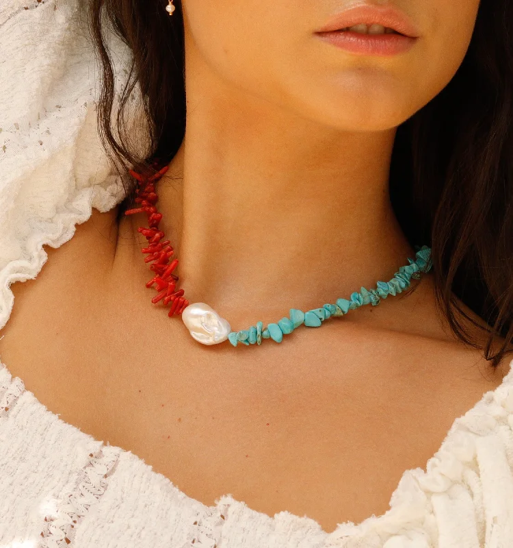 Special Deals On Handcrafted And Designer Jewelry Pearl Necklace With Red Agate and Turquoise