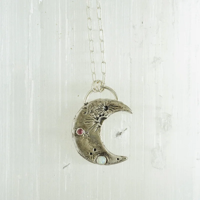 Breathtaking Jewelry At Limited-Time Savings Sterling Silver Crescent Moon Necklace with Opal and Tourmaline Gemstone