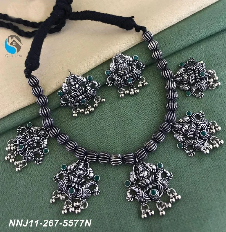 Handcrafted Jewelry Sale – Unique Designs At Low Prices Silver Oxidised necklace set with green stone