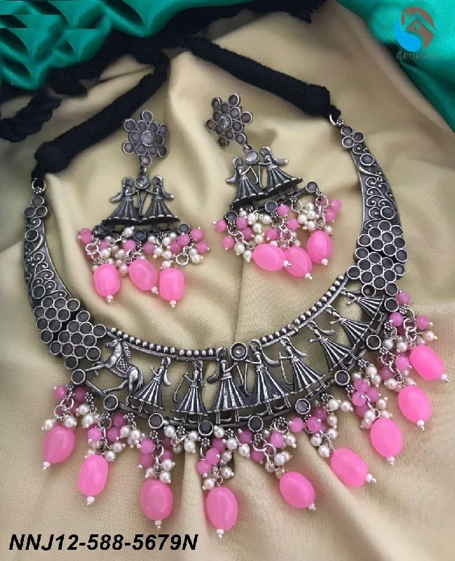 Bestselling Jewelry At Special Promotional Rates Silver Oxidised short Necklace set with Pink colour stones for all occasion