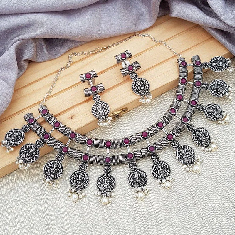 Last Chance To Grab Your Favorite Jewelry At A Discount Silver Oxidised Contemporary Design short Necklace set with Ruby red stones