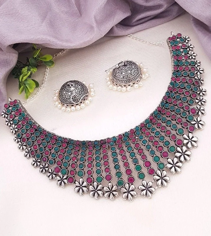 Chic And Stylish Jewelry At Exclusive Prices Silver Oxidised Jewelry Choker Necklace set with Multi Colour Stone