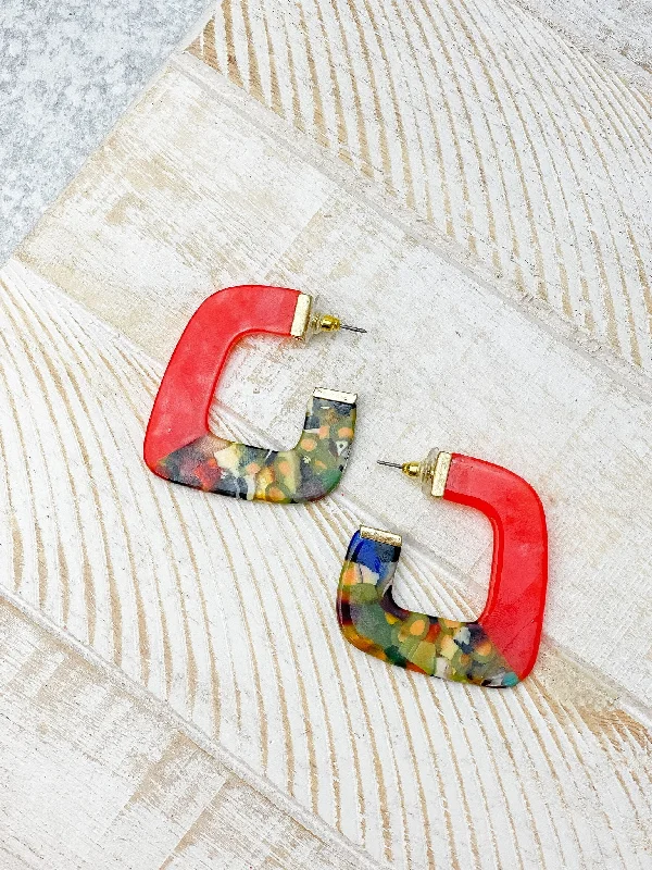 Bestselling Jewelry Now On Sale – Elevate Your Look Acrylic Square Hoop Earrings - Red Multi