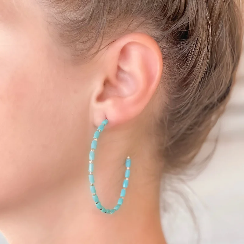 Must-Have Jewelry At Unbelievable Discounts Beaded Gold Skinny Open Hoop Earrings - Aqua