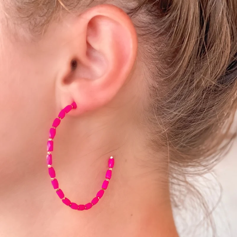 Stunning Jewelry Pieces At The Lowest Prices Ever Beaded Gold Skinny Open Hoop Earrings - Pink