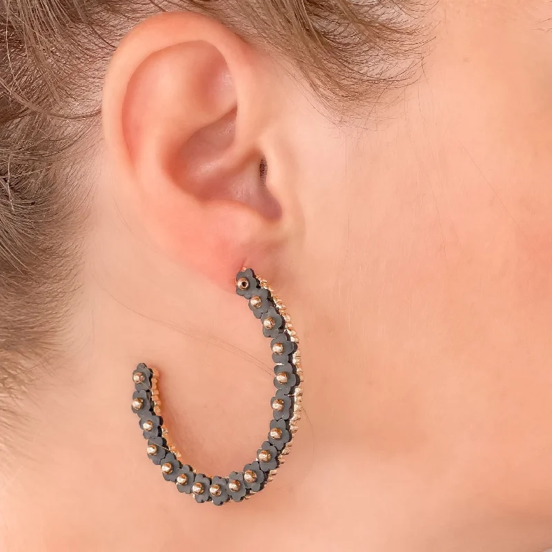 Stunning Statement Jewelry, Unbeatable Discounts Beaded Mini Flower Lined Hoop Earrings - Black