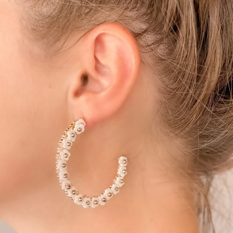 Exclusive Online Jewelry Sale – Don't Wait Beaded Mini Flower Lined Hoop Earrings - Ivory