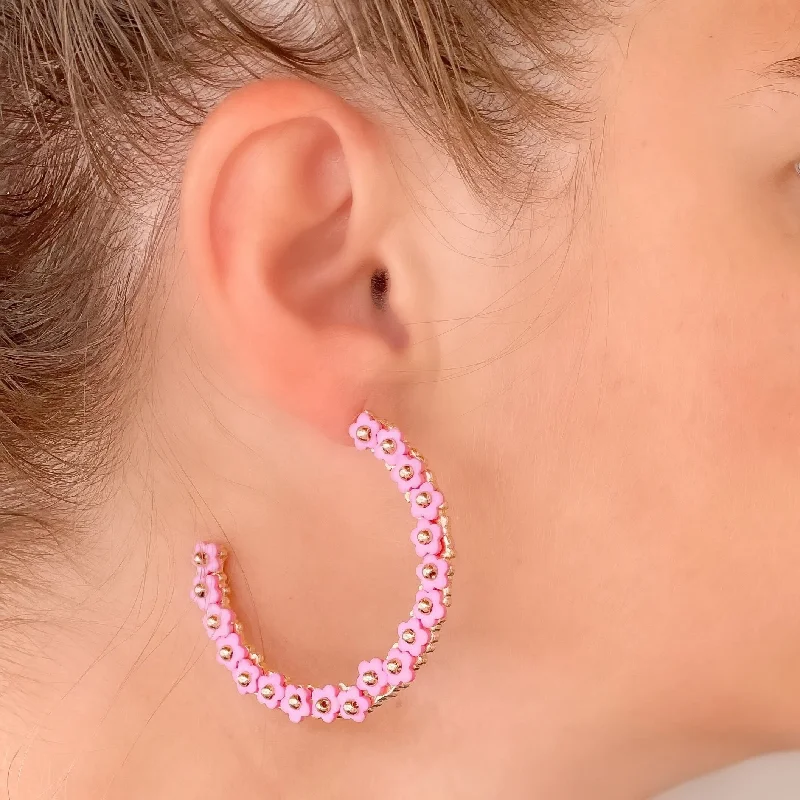 Affordable Elegance – Special Jewelry Sale Now Live Beaded Mini Flower Lined Hoop Earrings - Pink