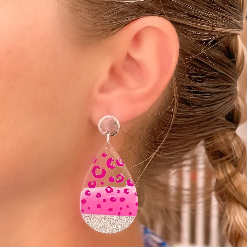 Unique Jewelry For Less – Shop The Sale Now Cheetah Painted Clear Glitter Dangle Earrings - Fuchsia