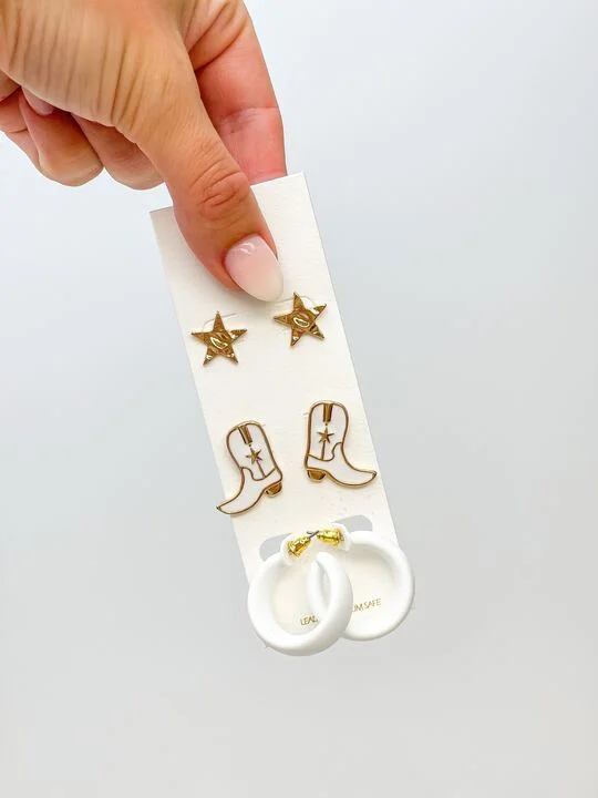 Timeless Elegance Now At Special Discounts Cowboy Boot Enamel Earrings Set of 3 - White