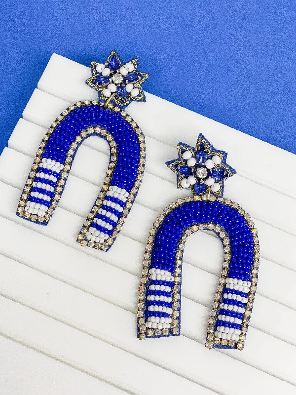 Exclusive Jewelry Sale – Shine For Less Game Day Beaded Arch Dangle Earrings - Blue & White