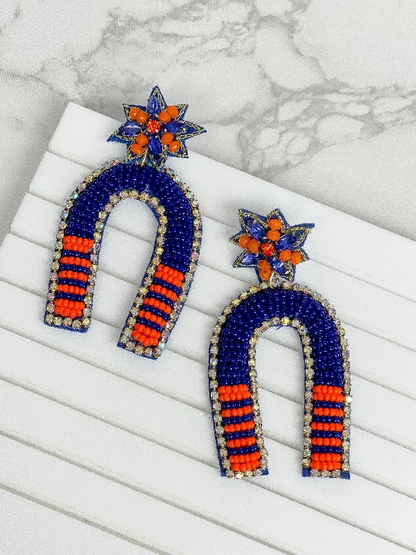 Discounted Jewelry For A Glamorous Look Game Day Beaded Arch Dangle Earrings - Navy & Orange