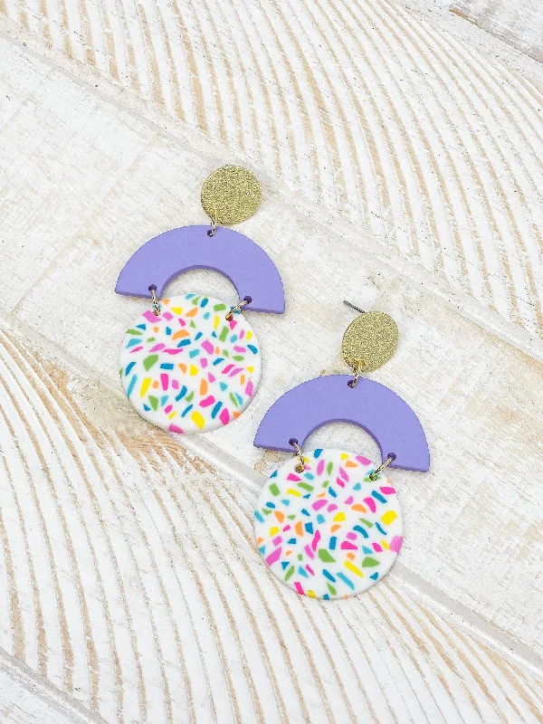 Luxury Jewelry Sale – Sparkle For Less Geometric Circle Clay Dangle Earrings - Rainbow Confetti & Lavender