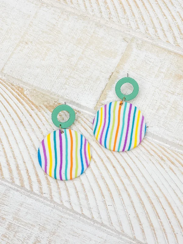 Shop Dazzling Jewelry With Special Promotional Discounts Geometric Circle Clay Dangle Earrings - Rainbow Stripe & Turquoise