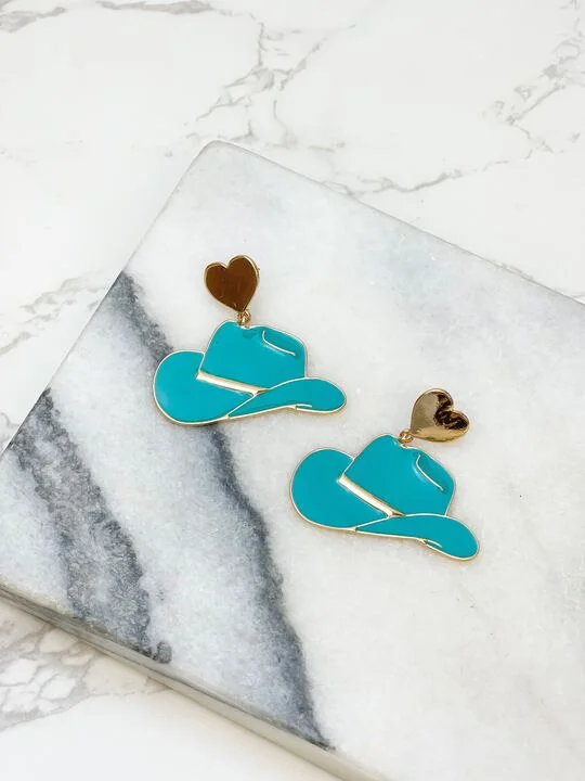 Limited-Stock Jewelry Sale – Shop Before It's Gone Heart Cowboy Hat Enamel Dangle Earrings - Blue