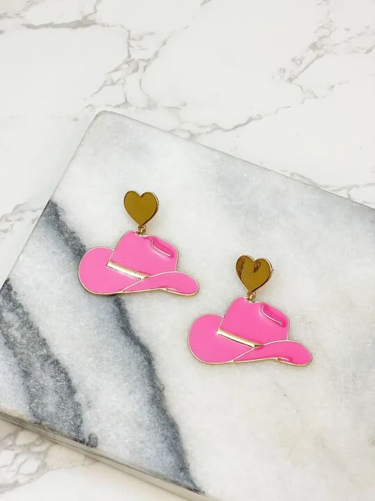 Last Chance To Shop High-End Jewelry At Markdown Prices Heart Cowboy Hat Enamel Dangle Earrings - Pink