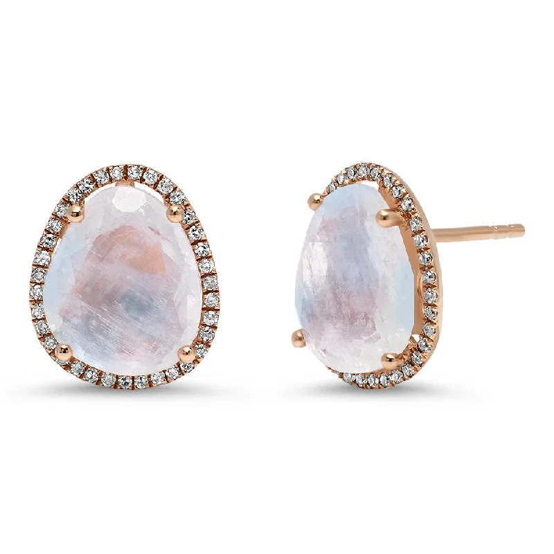 Premium Jewelry At Special Low Prices For A Limited Time Organic Shape Large Moonstone with Diamond Halo Stud Earring