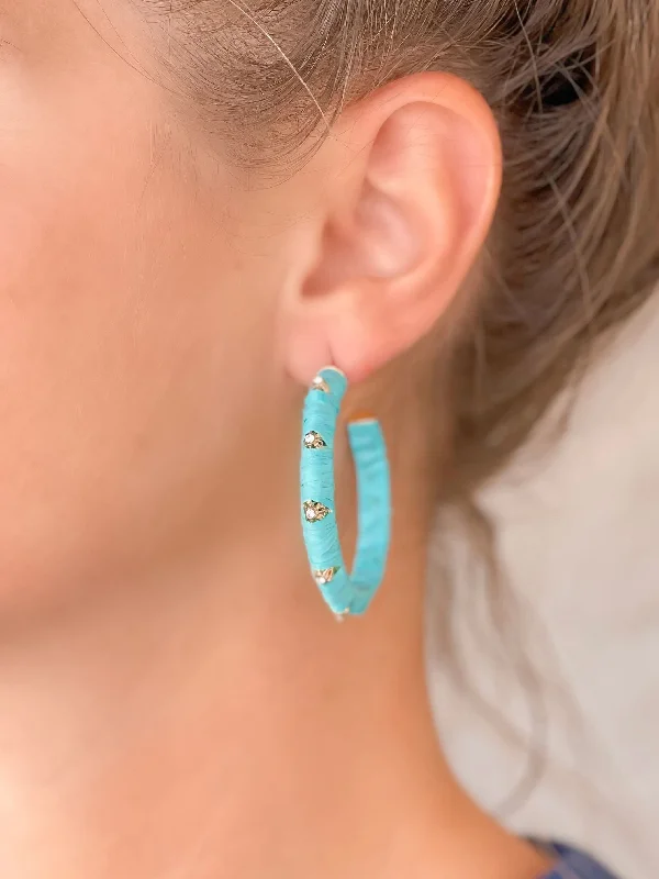 Unmissable Deals On Handmade Jewelry Collections Raffia Wrapped Rhinestone Hoop Earrings - Aqua