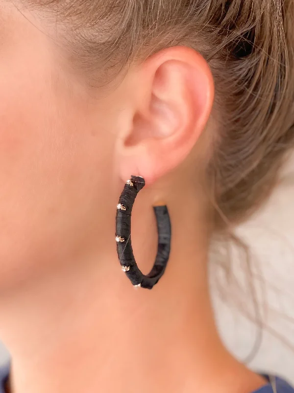 Final Call For Exquisite Jewelry At Reduced Rates Raffia Wrapped Rhinestone Hoop Earrings - Black