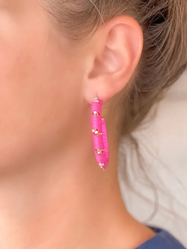 Elevate Your Outfit With Discounted Statement Jewelry Raffia Wrapped Rhinestone Hoop Earrings - Pink