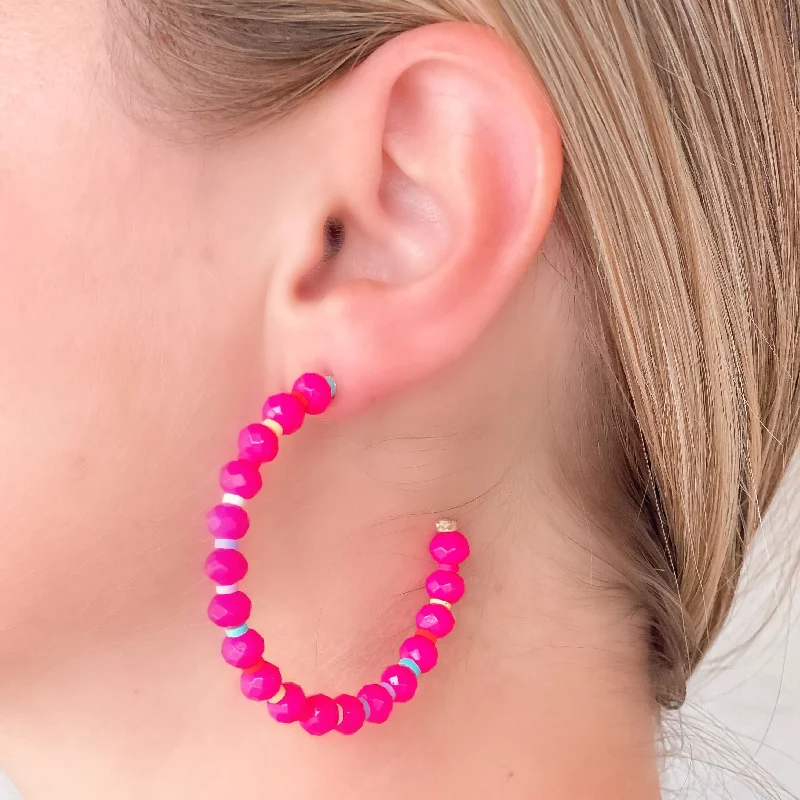 Timeless Elegance Now At Special Discounts Rainbow Beaded Open Hoop Earrings - Pink