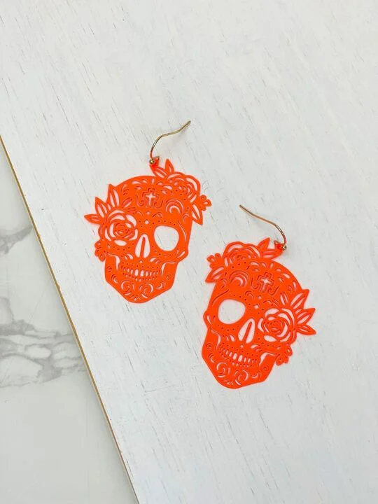 The Perfect Accessory For Less – Jewelry Sale Live Skull Statement Dangle Earrings - Neon Orange