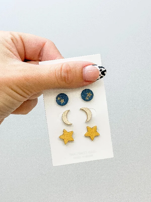 Make Your Outfit Shine With Discounted Jewelry Star & Moon Wood Stud Trio Earrings