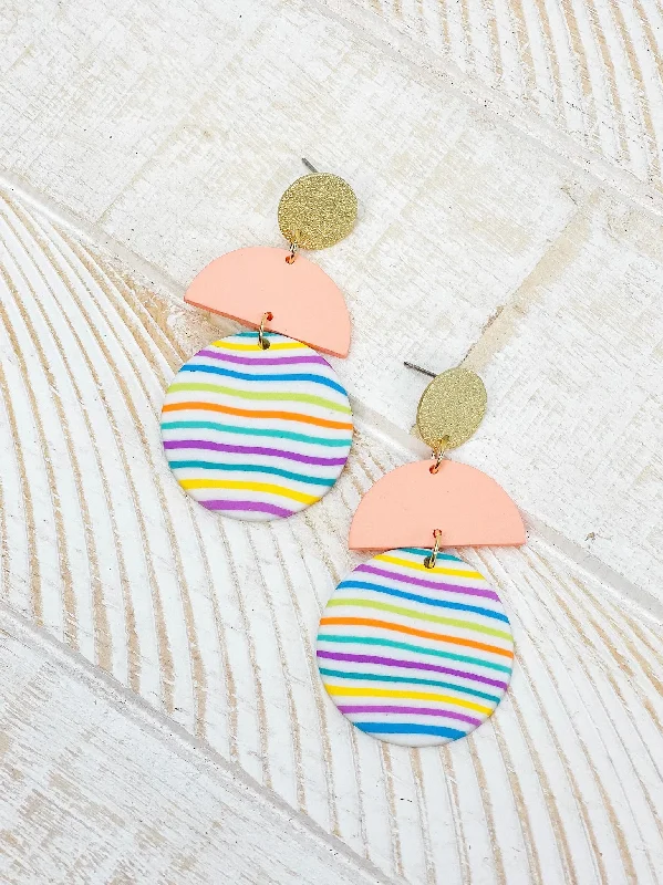 Seasonal Jewelry Sale – Upgrade Your Style Today Geometric Circle Clay Dangle Earrings - Rainbow Stripe & Peach