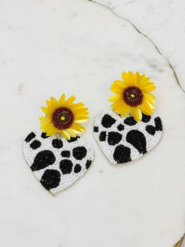 Flash Sale On Exquisite Jewelry – Don't Miss Out Sunflower Post Cow Print Heart Dangle Earrings