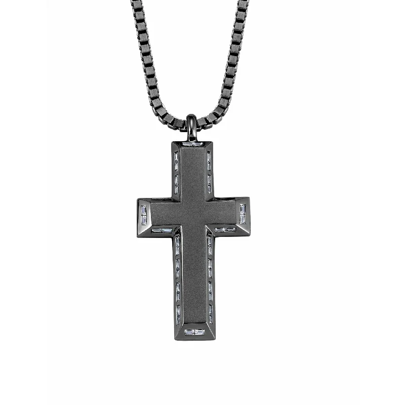 CRISLU Mens Matte Box Chain Cross Necklace with Baguette CZ In Black Rhodium