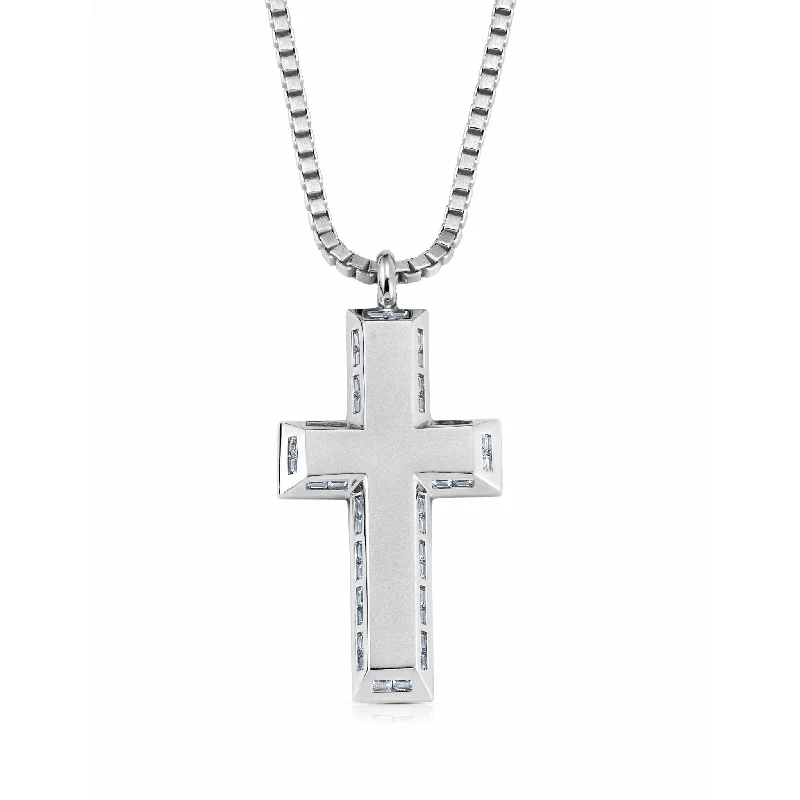 CRISLU Mens Matte Box Chain Cross Necklace with Baguette CZ Finished in Pure Platinum