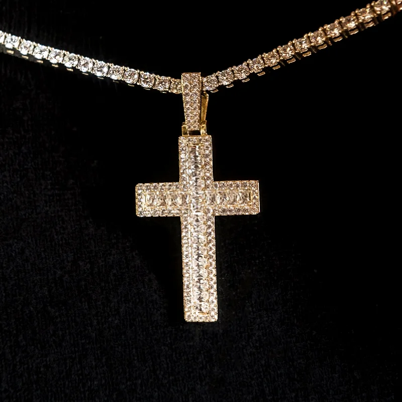 Diamond Baguette Cross Pendant in Yellow Gold