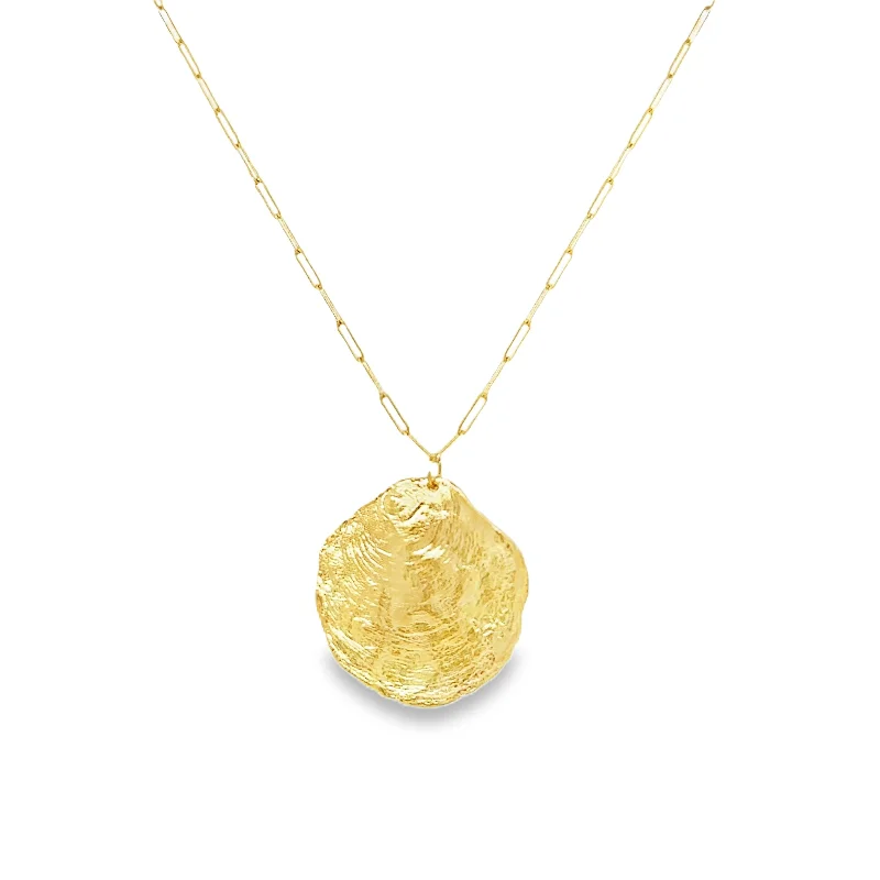 Gold Shell Coin Pendant on Paperclip Chain