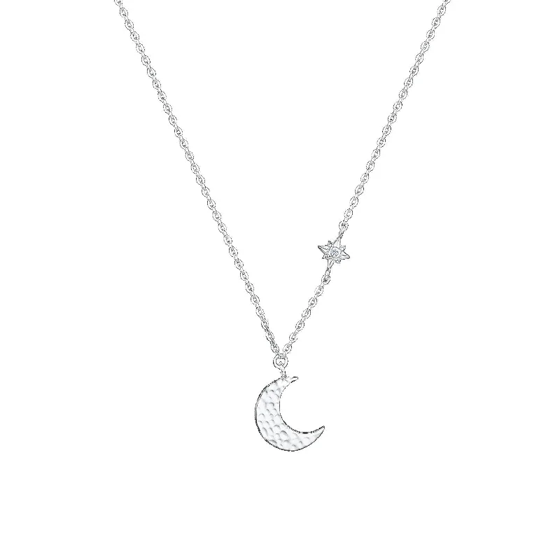 Silver Hammered Moon and Star Asymmetric Pendant