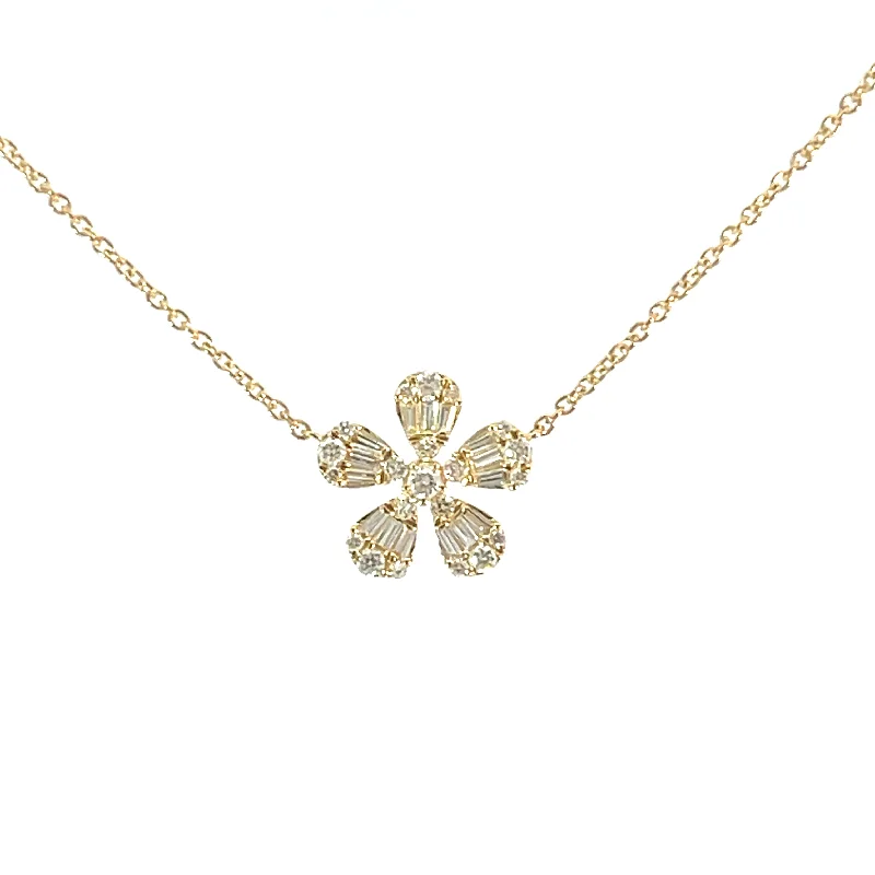 Small Solo Baguette & Round Diamond Flower Necklace